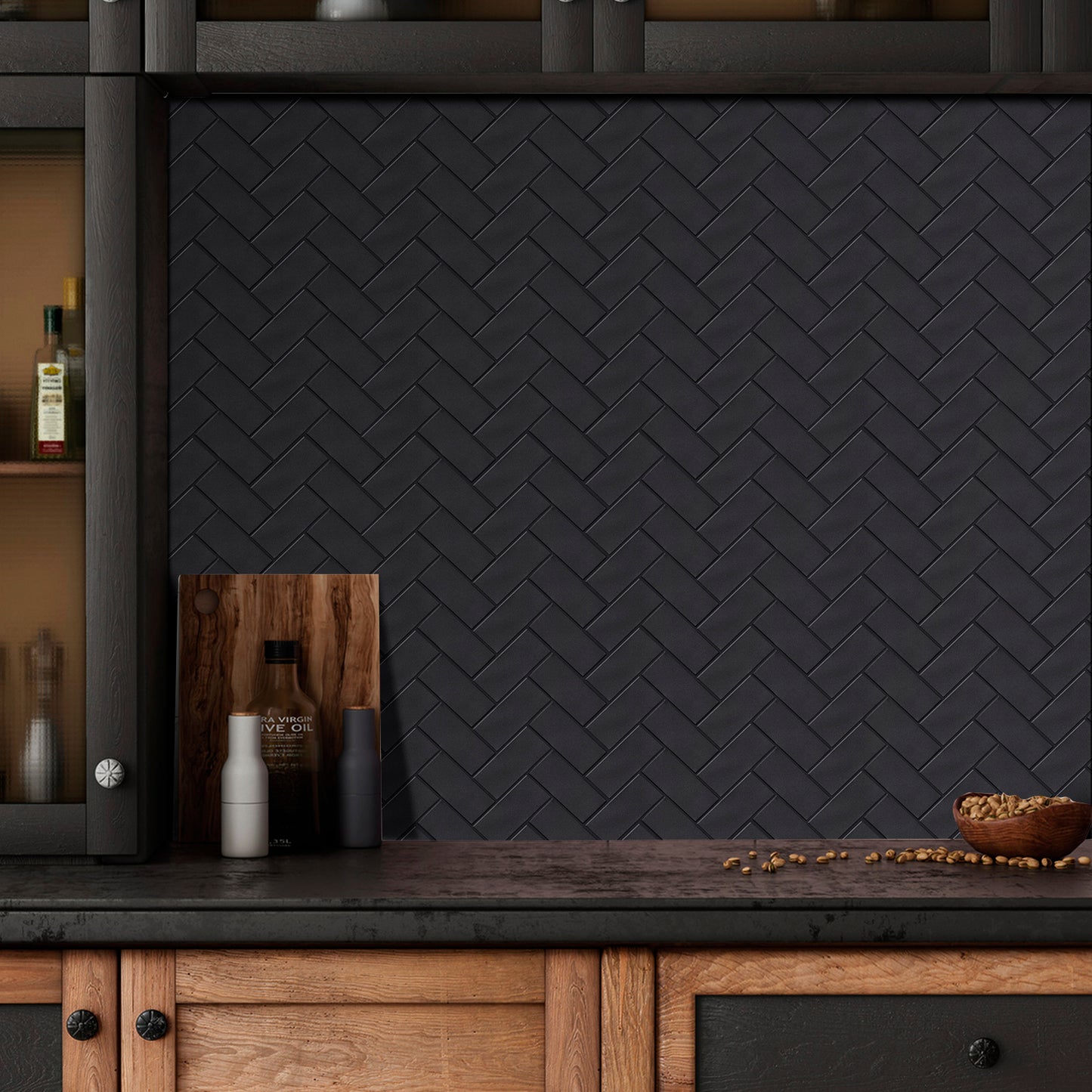 Black Herringbone Peel & Stick Vinyl Wall Tile – 10 Pack