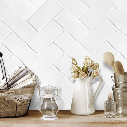 White Herringbone Peel & Stick Vinyl Wall Tile – 10 Pack