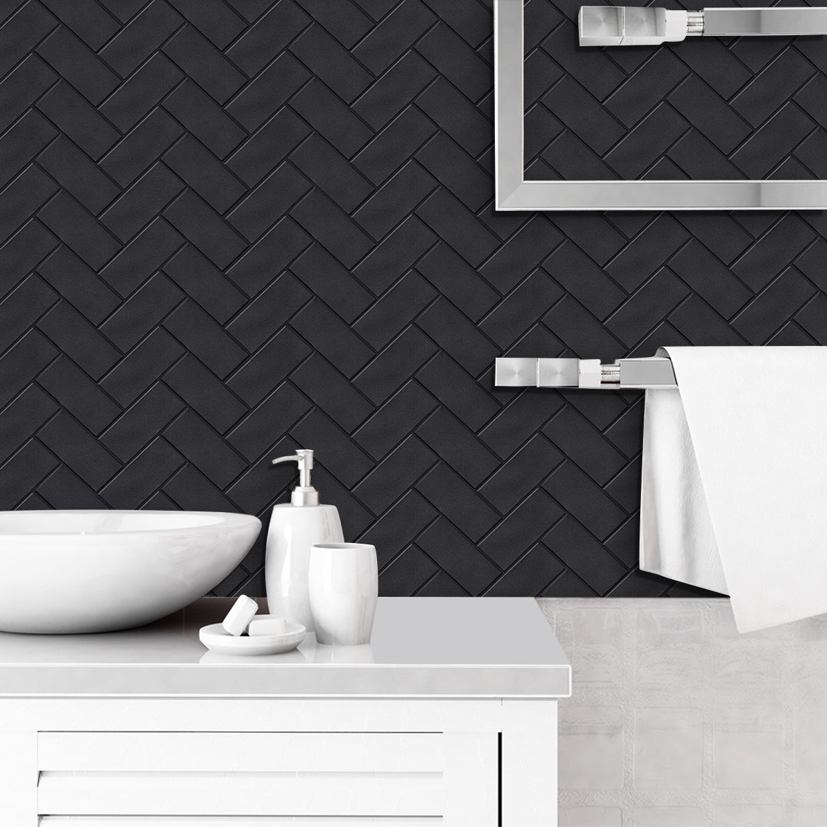 Black Herringbone Peel & Stick Vinyl Wall Tile – 10 Pack