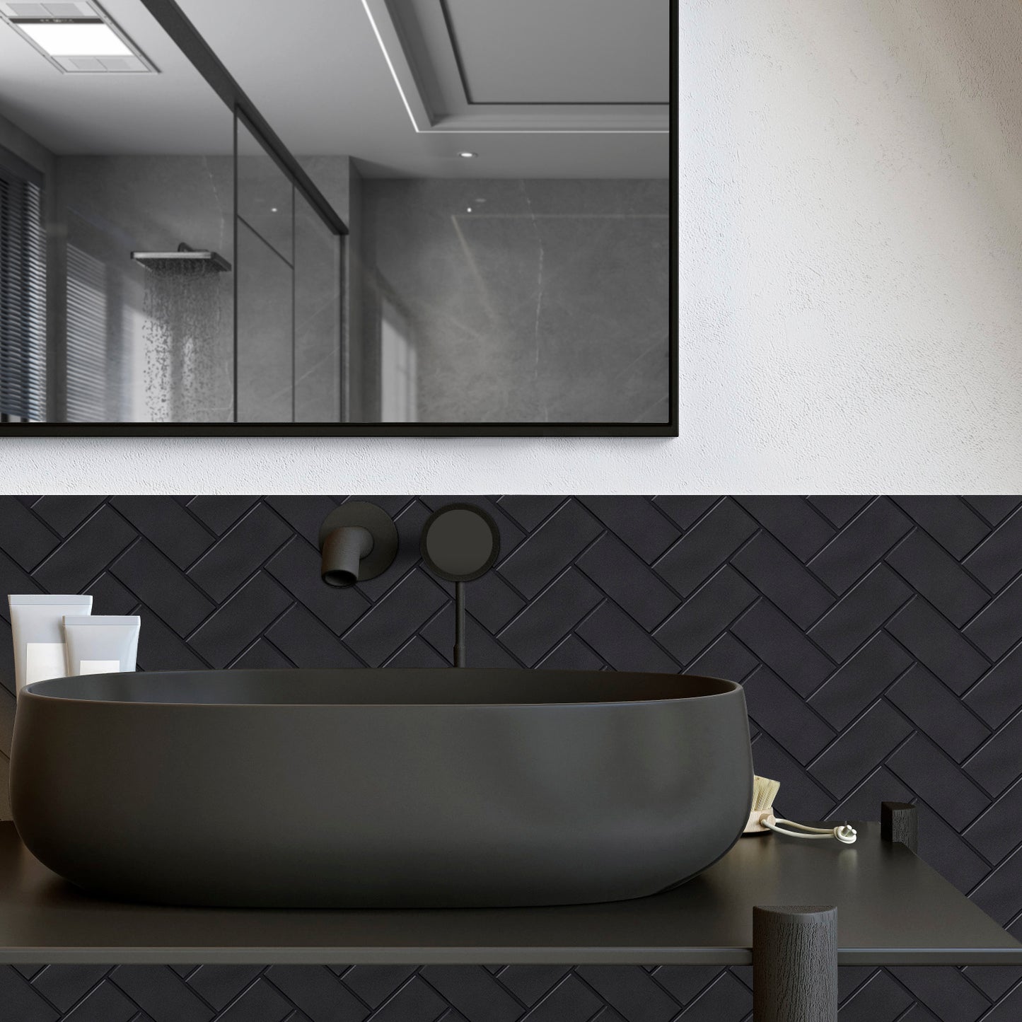 Black Herringbone Peel & Stick Vinyl Wall Tile – 10 Pack